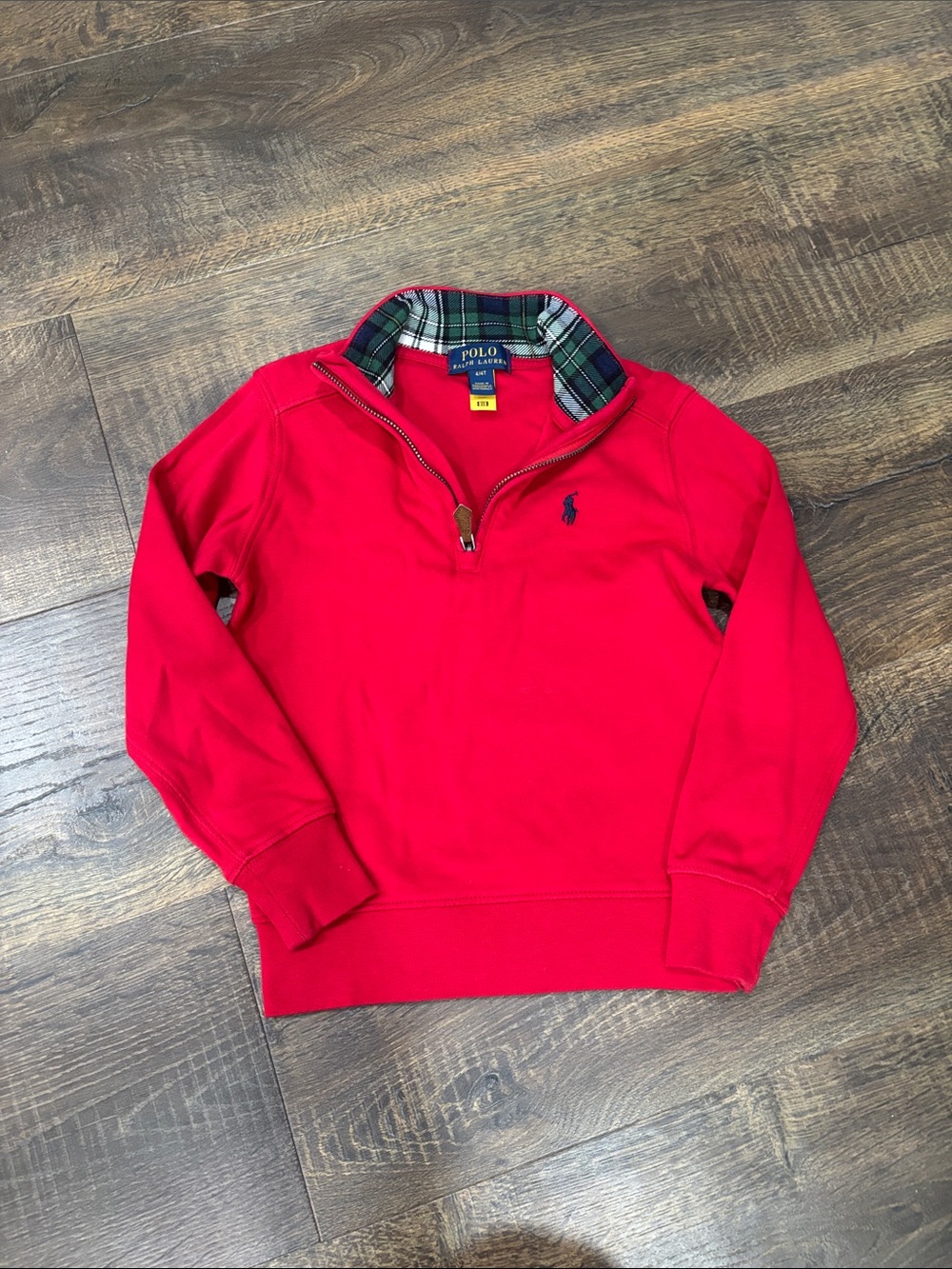 Ralph Lauren Red Quarter-Zip Pullover with Tartan Collar